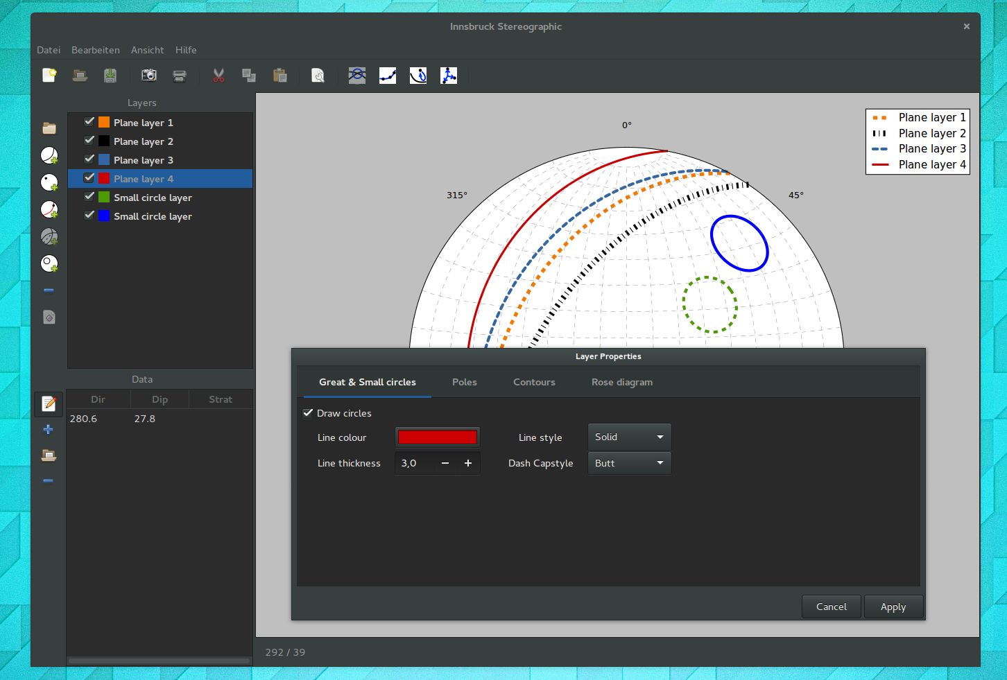 screenshot showing some great and small circles and the layer formatting dialog